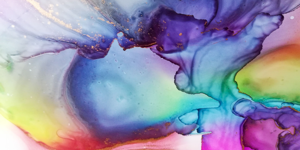 Abstract watercolor painting with blue, purple, yellow, and green hues.