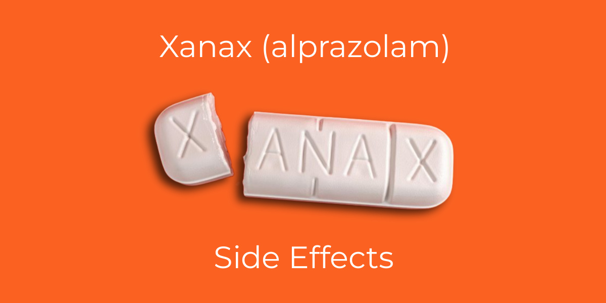 White, broken Xanax pill on an orange background. Text: