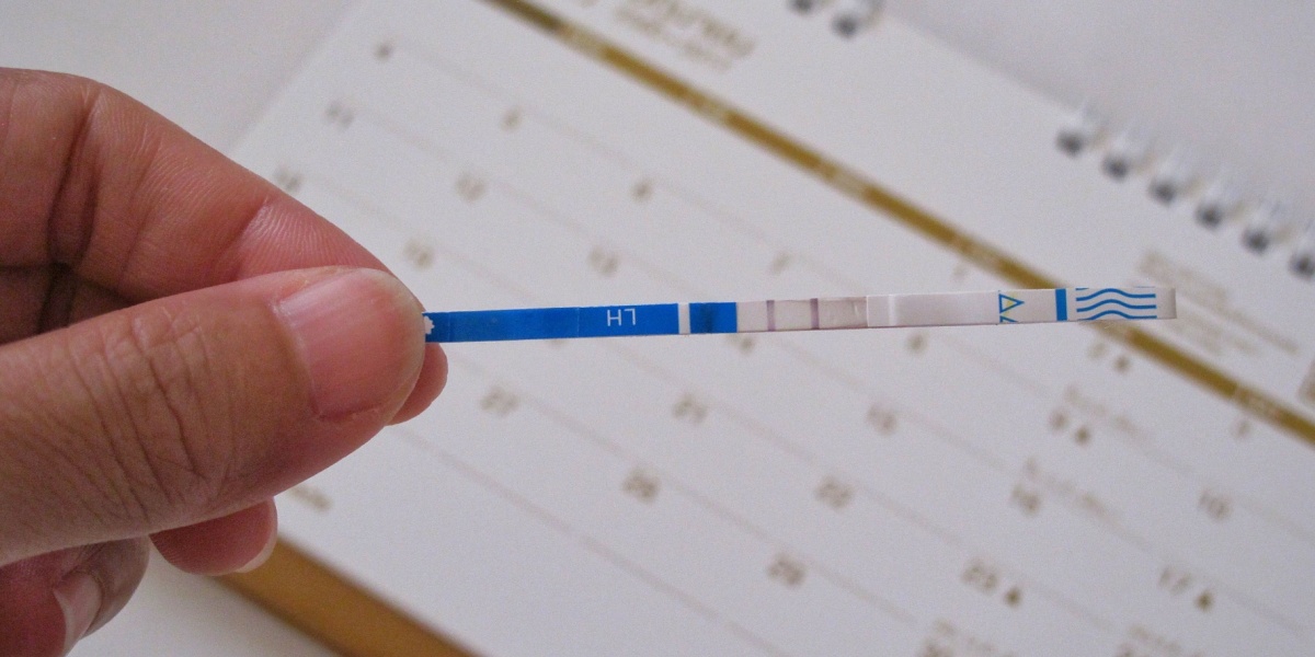 Hand holding a blue and white test strip labeled