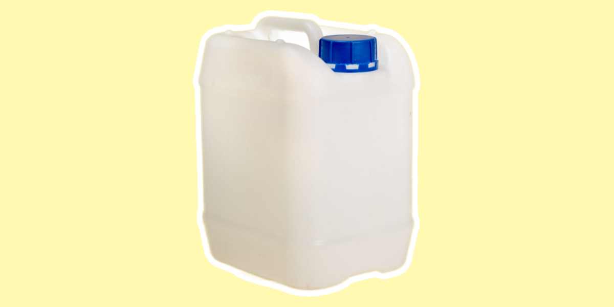 White plastic jerry can with a blue screw cap.
