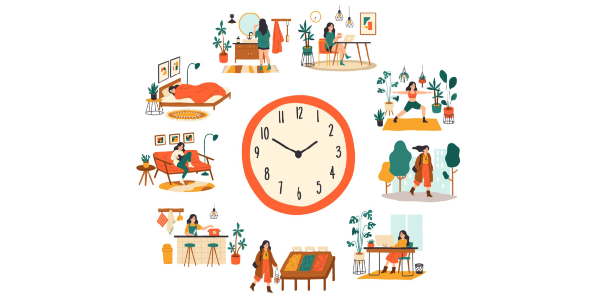 Illustration of daily activities surrounding a large clock, including work, exercise, and relaxation.