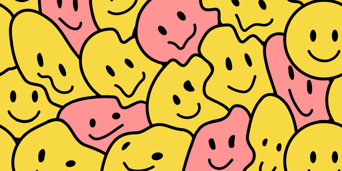 Abstract faces with smiles in yellow and pink tones.