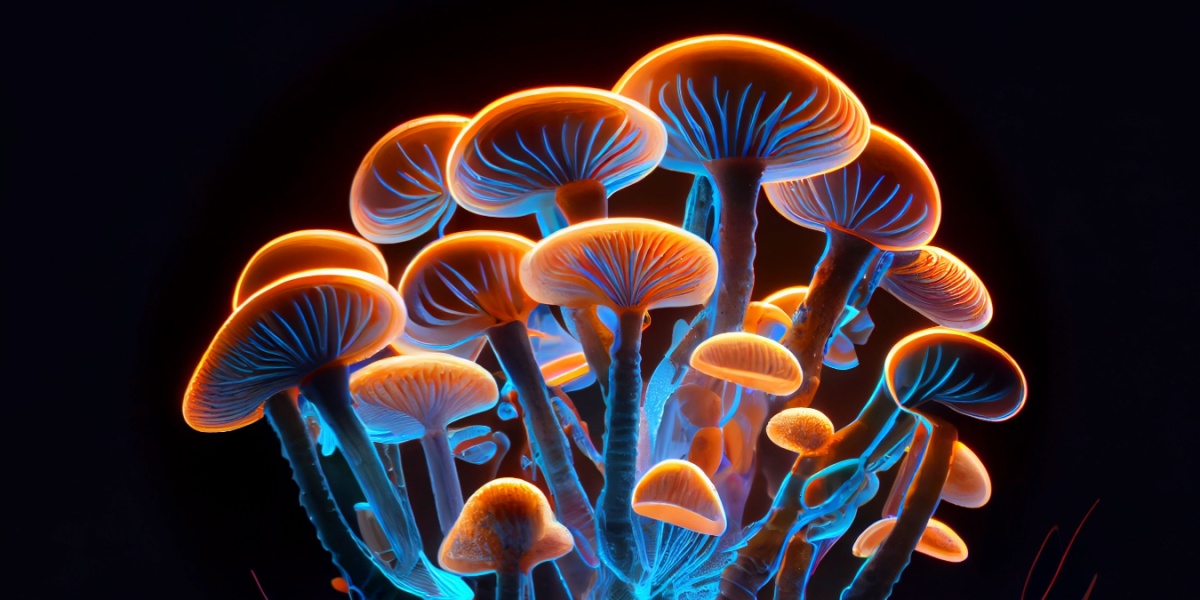 Cluster of glowing mushrooms with blue stems and orange caps.