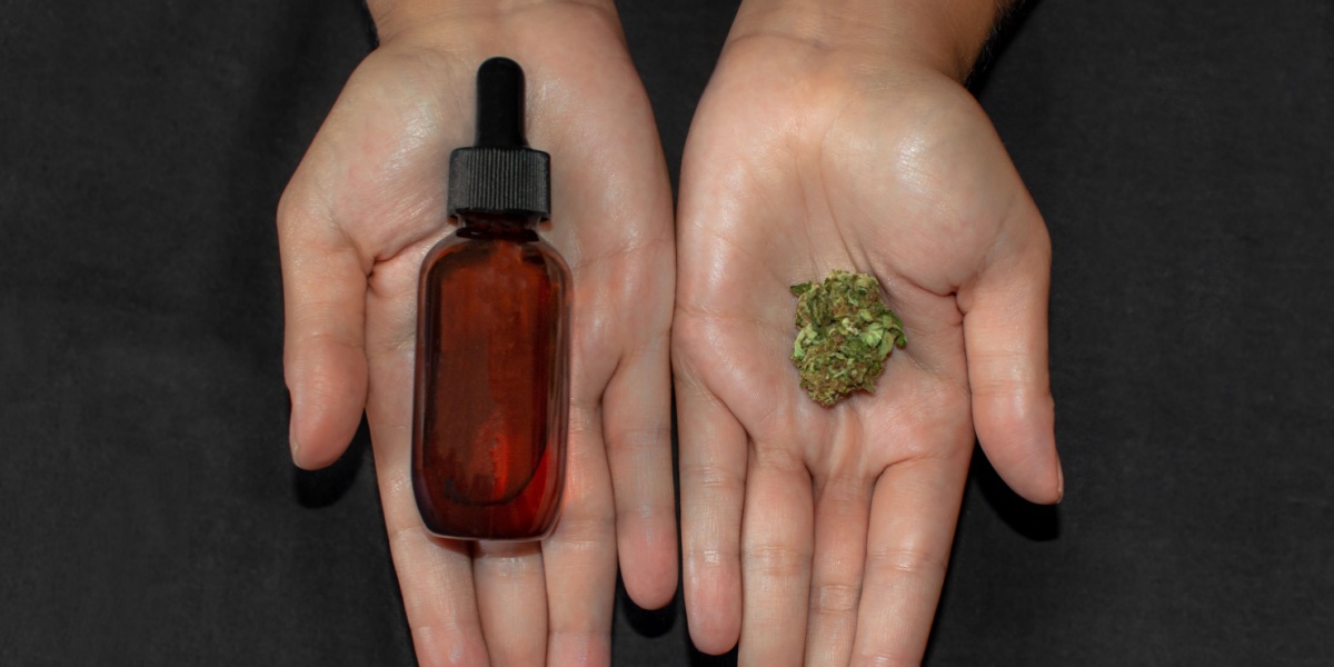a close up of a person's two hands on a black background holding up different forms of marijuana in each hand