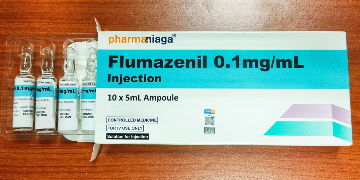 a photo of a box of Flumazenil, and Flumazenil ampules peaking through one end of the box