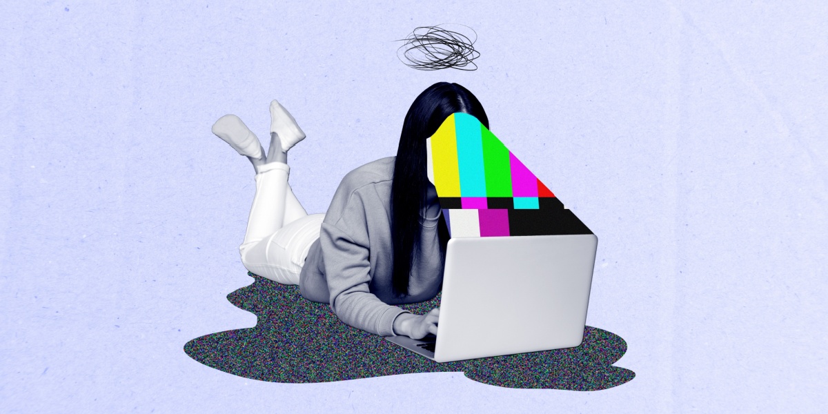 a whimsical art of a young woman on her laptop, as her head and vision is pixelated and multicolored, indicating an error due to social media addiction and fake news belief