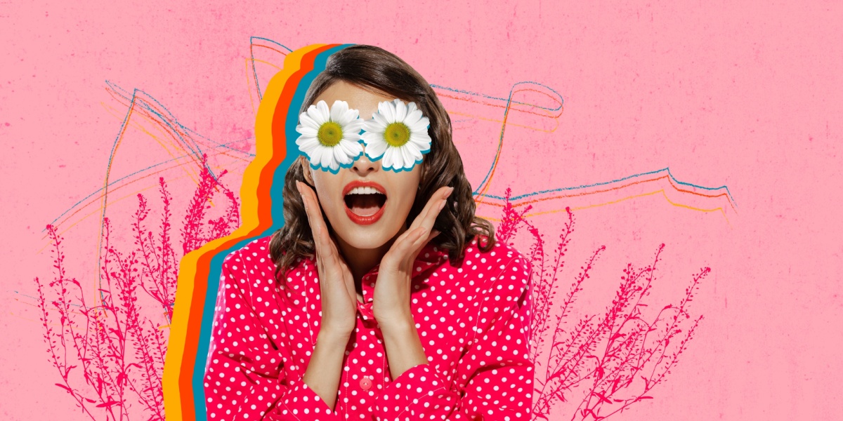 a headshot of a woman in vibrant colors and a Salvia flower in the background and hallucinogenic effects