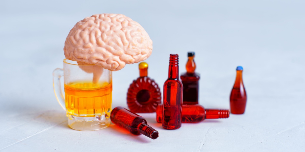 photo of a model brain and various model bottles of alcohol, the model brain is on top of a beer mug