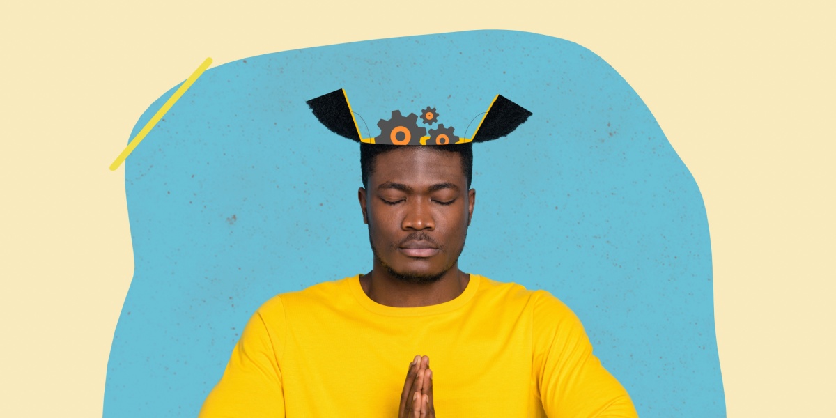 a retro art of a Black man with his brain wide open and his mental gears well balanced