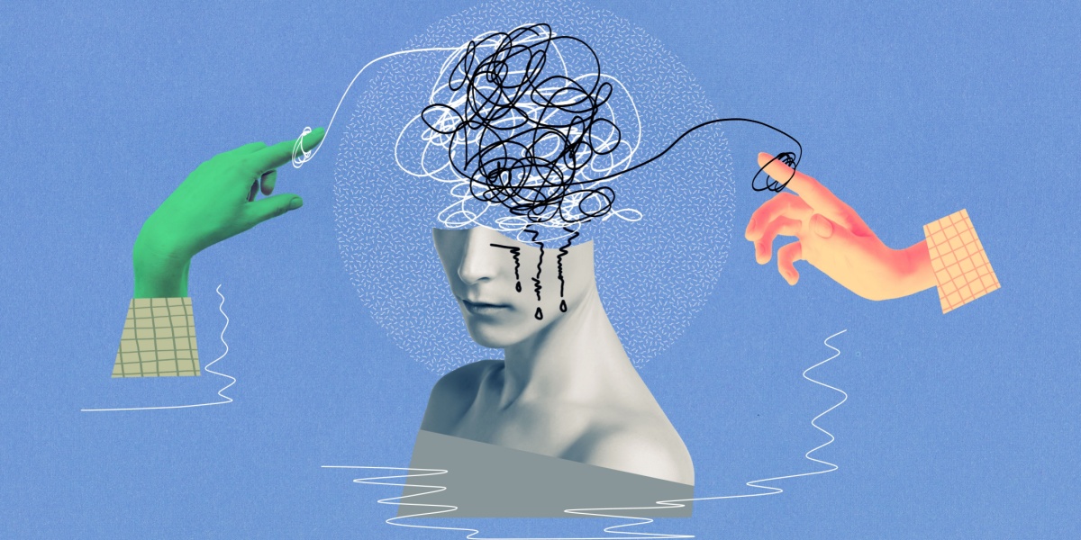 an abstract art of a woman's head in tangled scribbles as it's being slowly unraveled by two different-colored floating hands