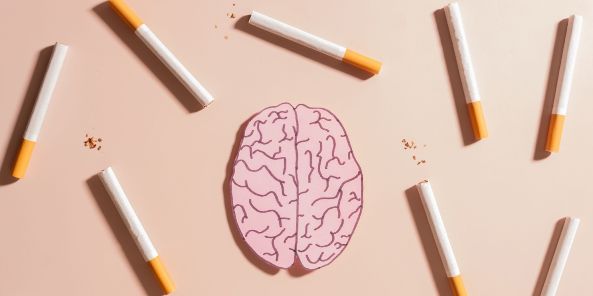 a photo of a brain image cutout surrounded by cigarette sticks