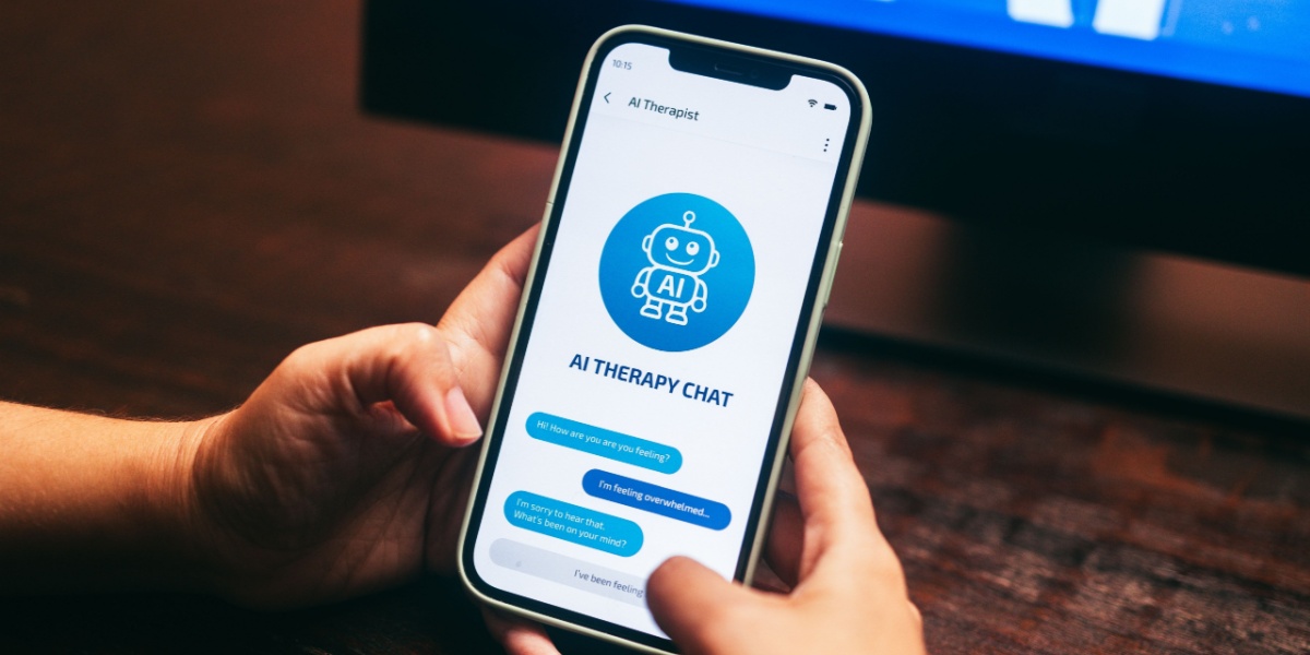 a photo of a pair of hands holding a mobile phone while on an AI app and using it for therapy