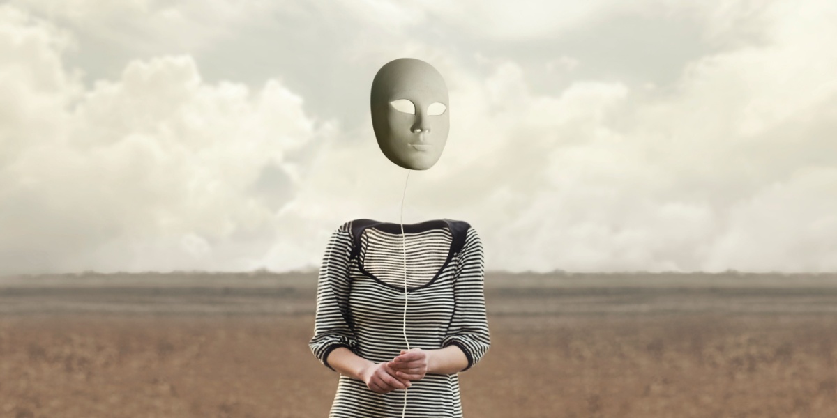 an surreal abstract art of a face mask detached from a female body as a symbolism for Depersonalization-Derealization Disorder