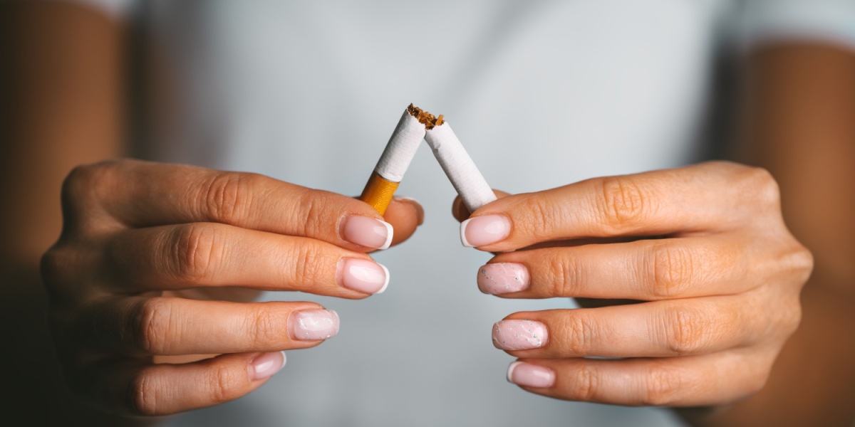 a close up photo of a pair of woman's hand breaking a cigarette in two