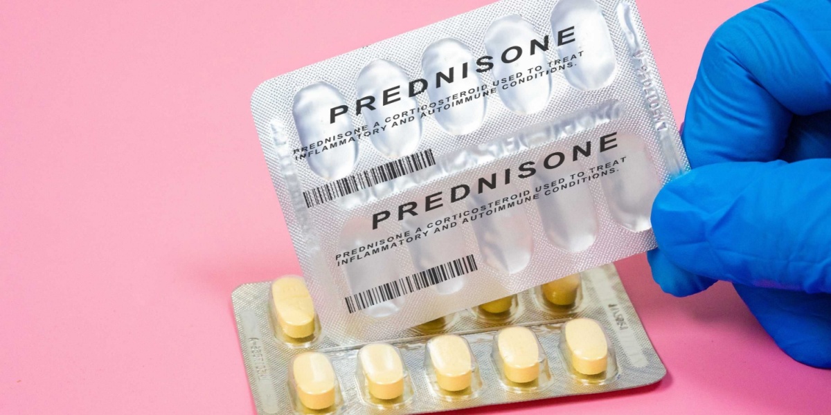 a close up photo of a gloved hand holding a blister pack of prednisone, with another pack on a pink background