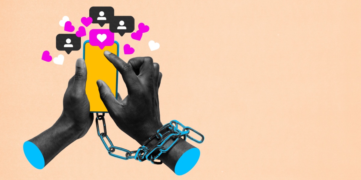 an abstract art of a pair of hands chained to a mobile phone due to phone addiction