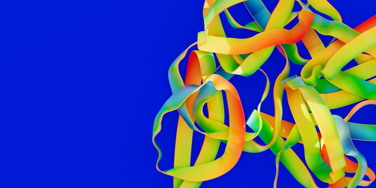 An abstract art of designer proteins that look like multiple colorful ribbons