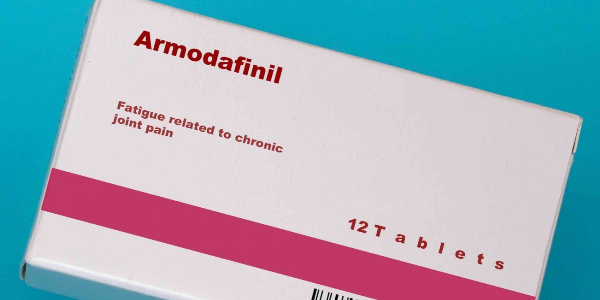 a close up photo of a box labels Armodafinil on a teal background
