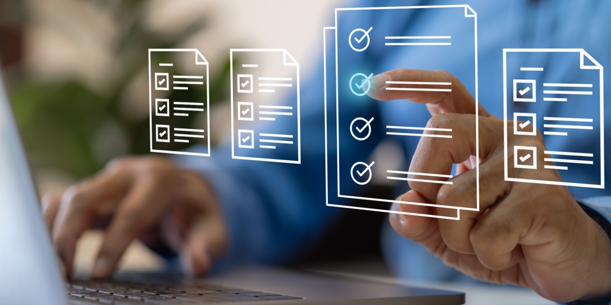 Icons of screening/assessment page with check marks and a clinician selecting an option blurred in the background